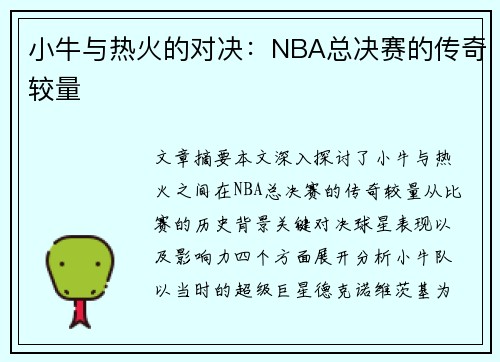 小牛与热火的对决：NBA总决赛的传奇较量